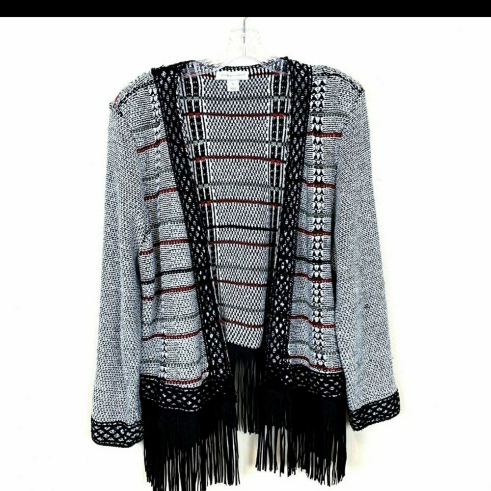 christopher & banks, open front fringe black & white cardigan sweater, XL - Picture 2 of 16